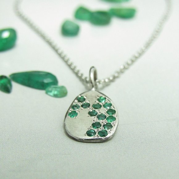 Gold Emerald necklace. 14K white gold necklace, pendant with 15 Green Emerald.
